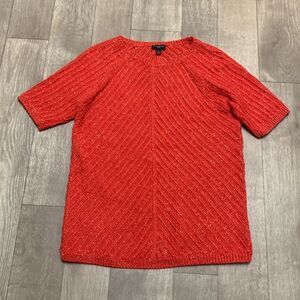 Womens Talbots Orange Gold Metallic Ribbed‎ Crewneck Shortsleeve Sweater